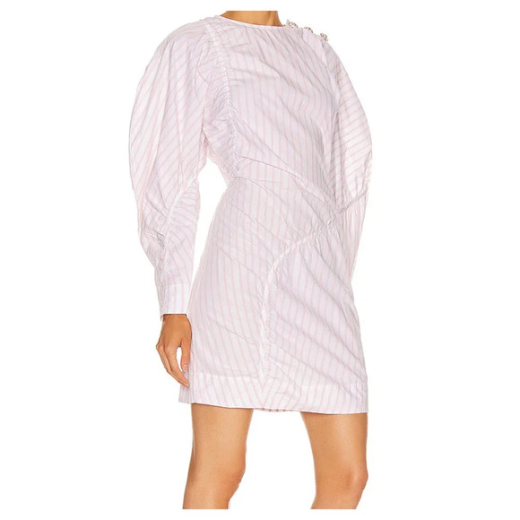 Ganni Stripe Long Puff Sleeve Cotton Mini Dress Cherry Blossom size 38/M/6 - Picture 1 of 16